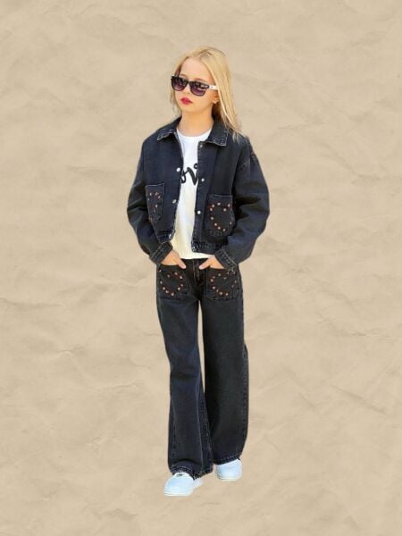 ÇİÇEK NAKIŞLI 3 LÜ KIZ KOT TAKIM