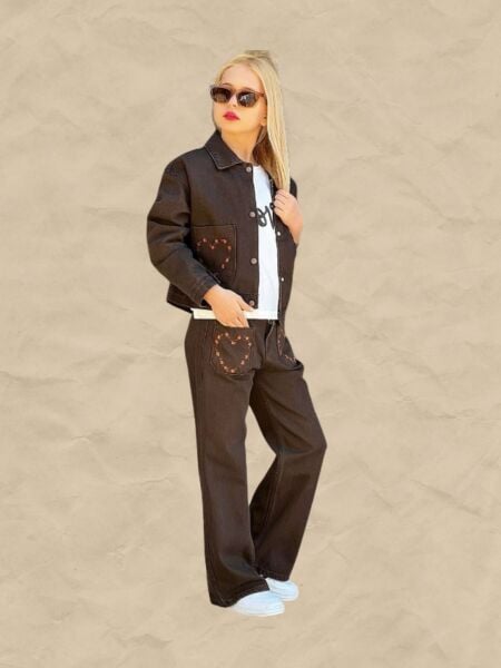 ÇİÇEK NAKIŞLI 3 LÜ KIZ KOT TAKIM