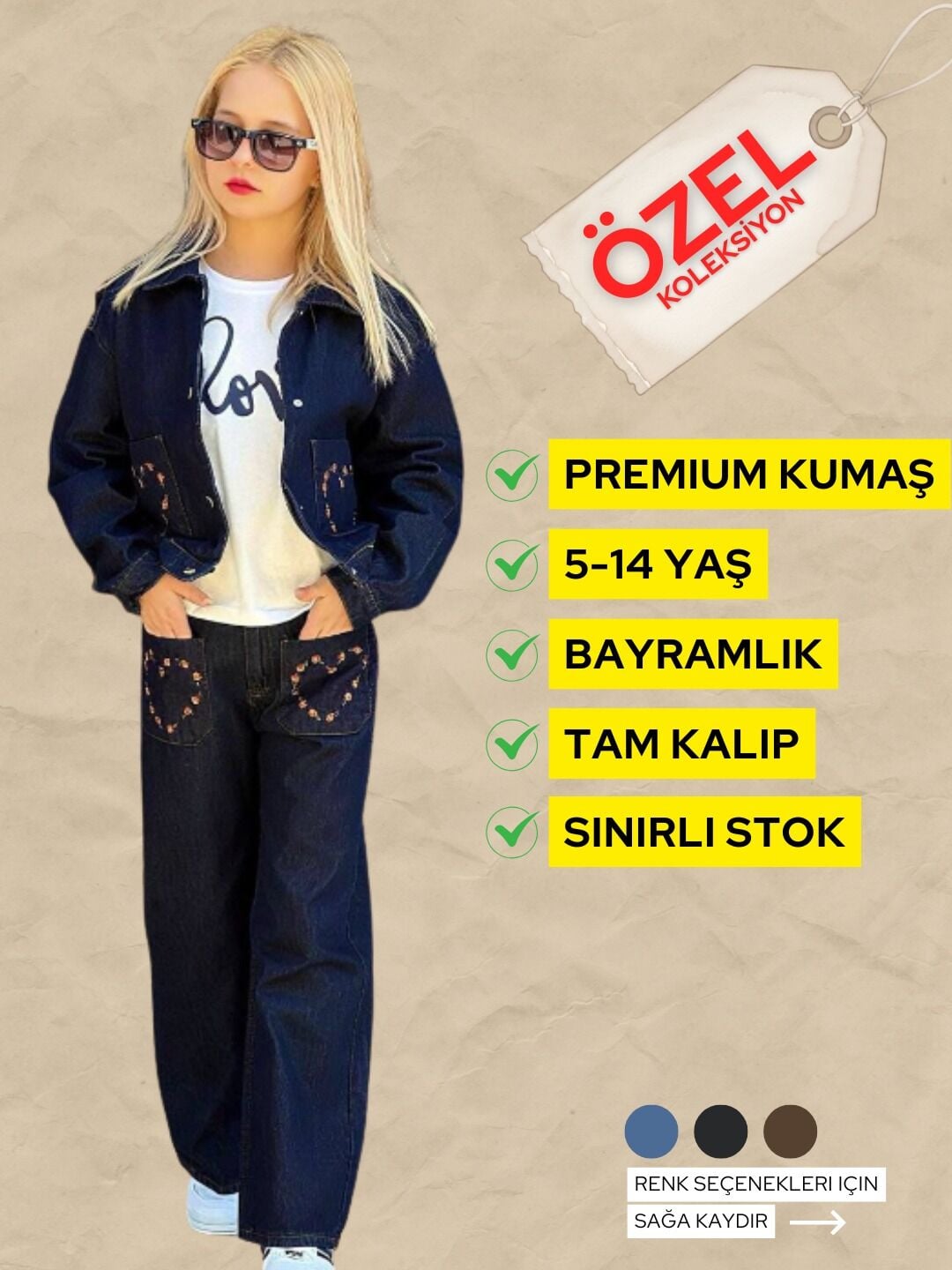 ÇİÇEK NAKIŞLI 3 LÜ KIZ KOT TAKIM