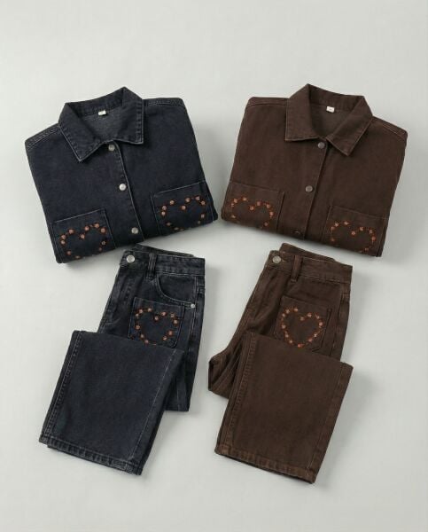 ÇİÇEK NAKIŞLI 3 LÜ KIZ KOT TAKIM