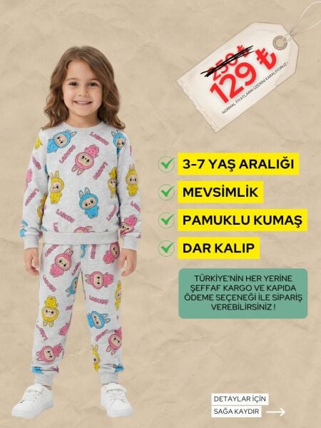 LABUBU BASKILI 3-7 YAŞ PİJAMA TAKIMI