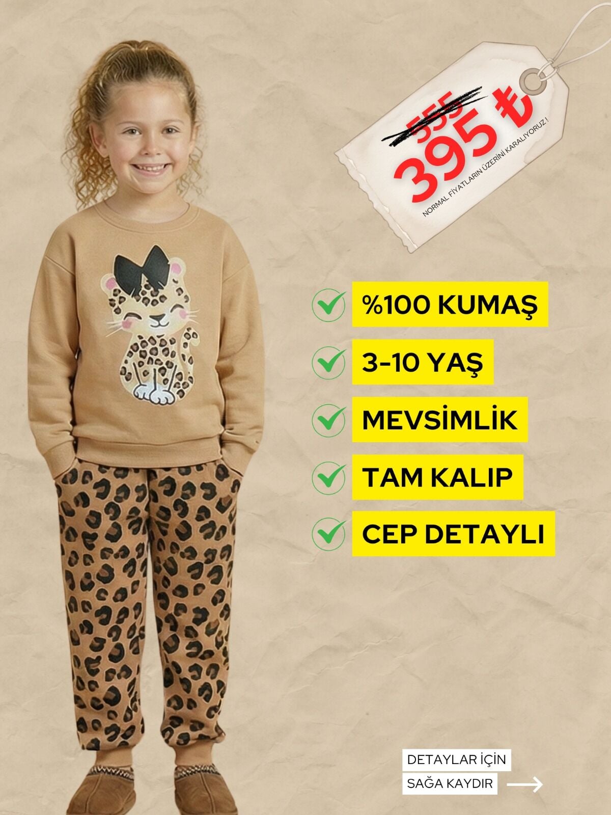 KEDİCİK BASKILI ALTI LEOPAR 3-10 YAŞ  TAKIM