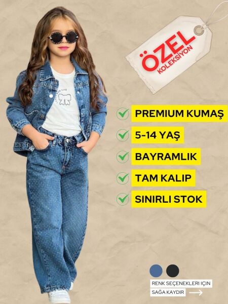 TAŞLI 3 LÜ KIZ KOT TAKIM