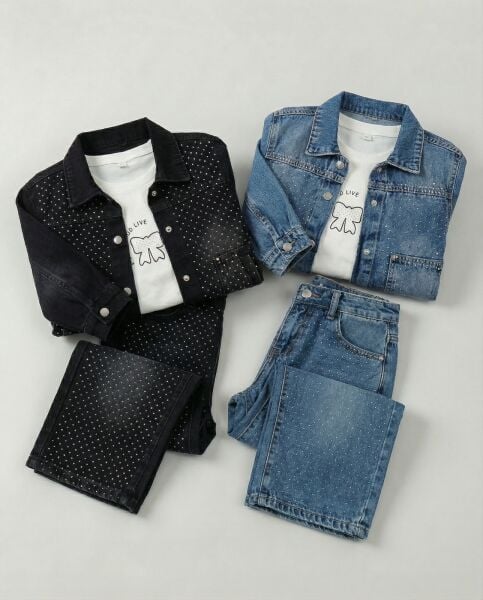 TAŞLI 3 LÜ KIZ KOT TAKIM